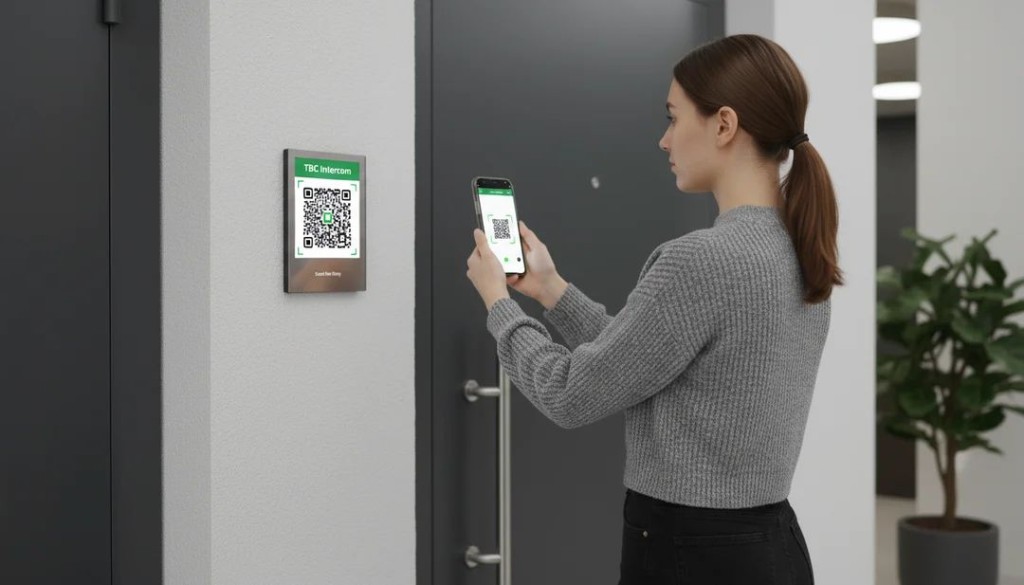 Visitor scanning QR code on TBC Intercom panel with a smartphone